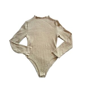 Women’s Tan Long Sleeve Ribbed Bodysuit Soft Knit Lettuce Trim High Neck